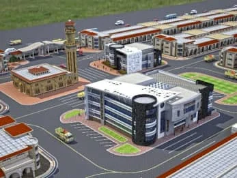 منظور مائل لمبانٍ ومداخل وطريق ضمن تصميم البورصة